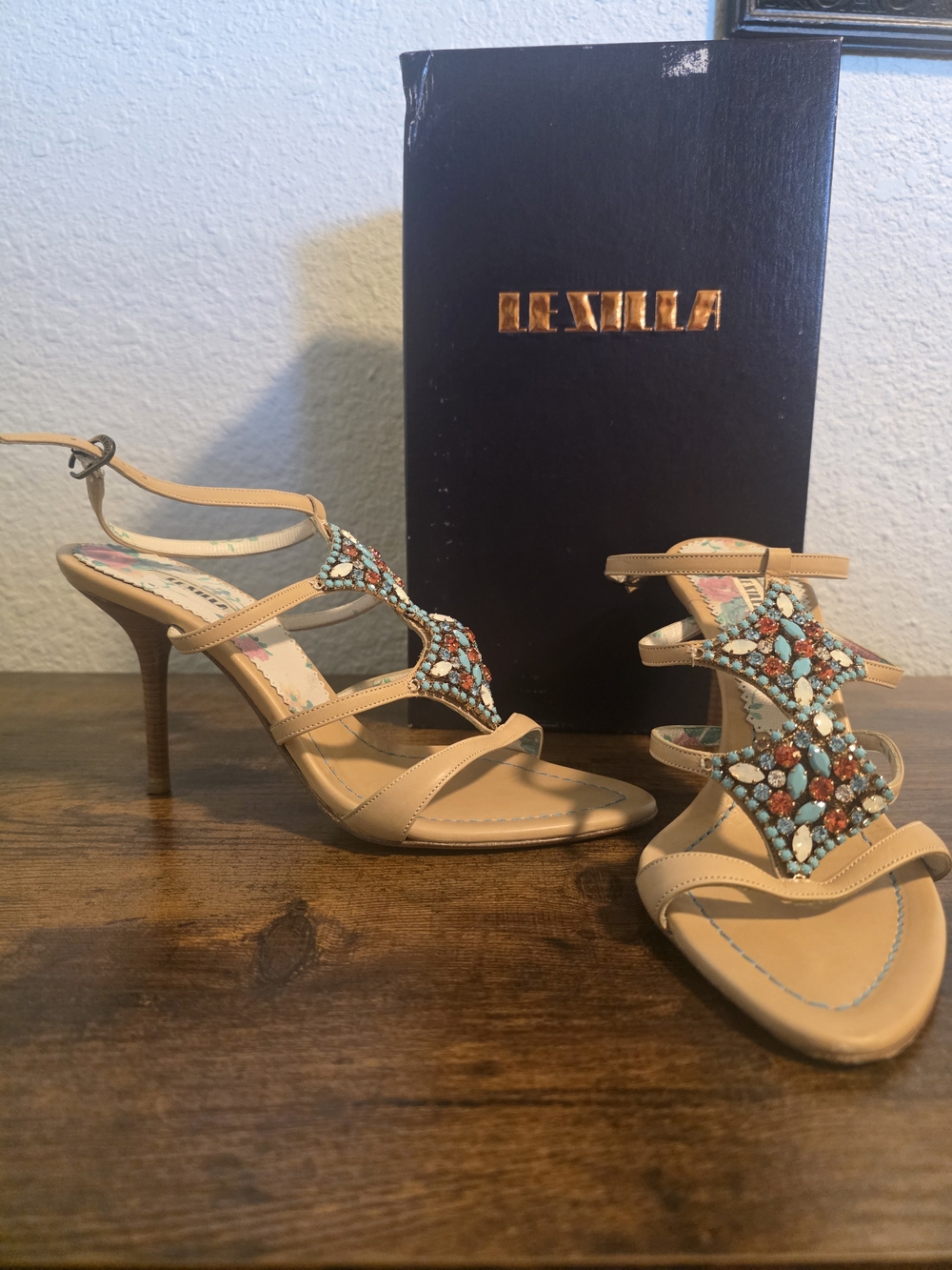 Beige T-Strap High Heel Sandals with Turquoise Beading